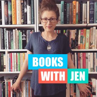 podcast logo: a photo of Jen standing in front of a bookcase. Heading reads 'Books with Jen'